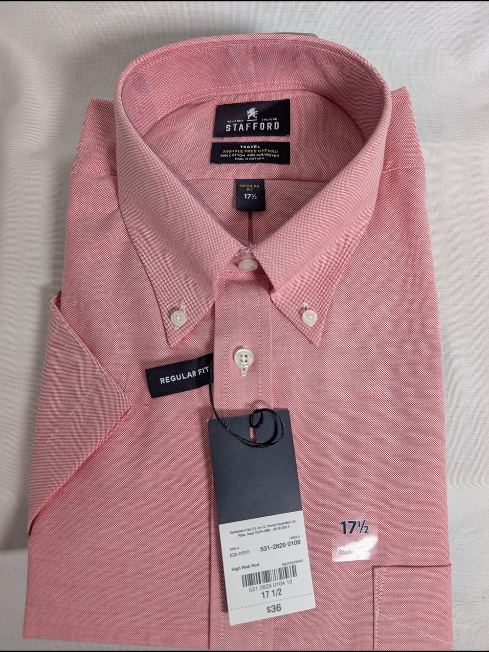 NWT Stafford Travel Wrinkle Free Oxford Shirt 17.5 Short Sleeve Light Red